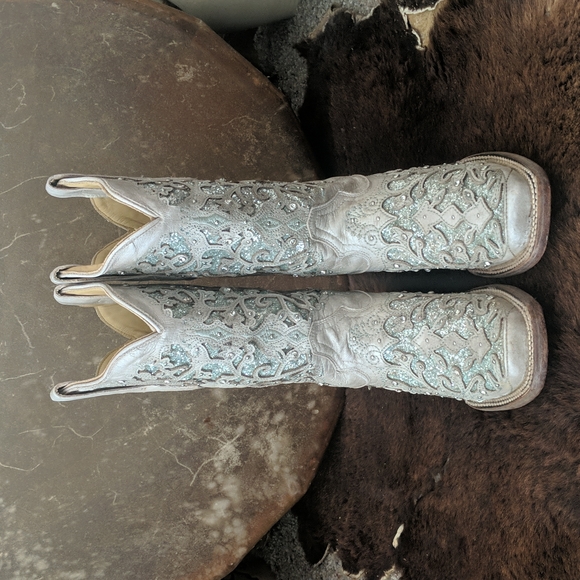 CORRAL A3435 Green Glitter Inlay & Crystals Square Toe Wedding cowgirl boots 7.5 - Picture 9 of 16
